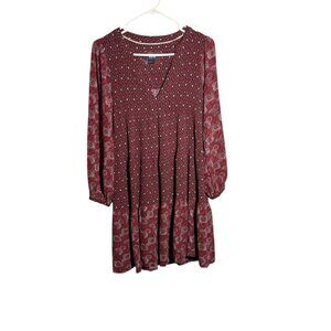 Maeve By Anthropologie burgundy  Boho Print Long Sleeve Dress V-Neck Small